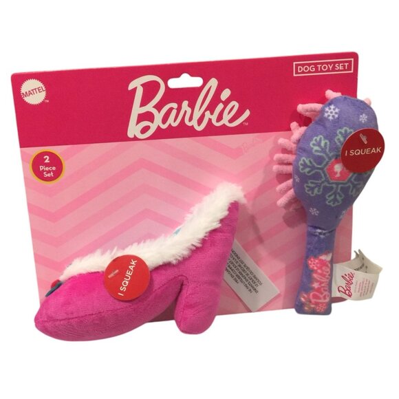 BARBIE Plush High Heel Shoe Hair Brush Squeaker Dog Toy Set of 2 Pink Purple